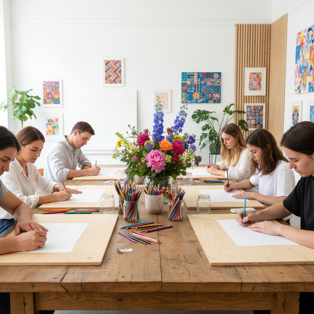 Atelier crayons avec fleurs