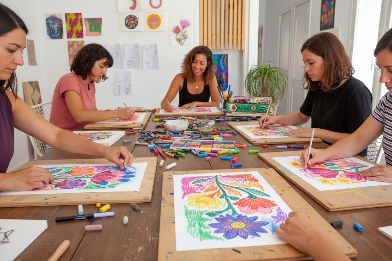 Groupe travaillant aux pastels