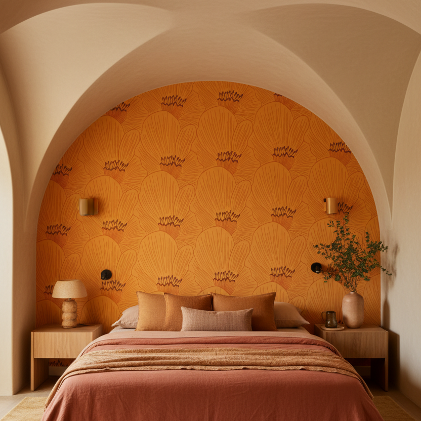 Chambre avec papier peint floral orange sans tête de lit