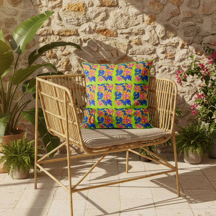 Coussin sur chaise rotin avec plantes